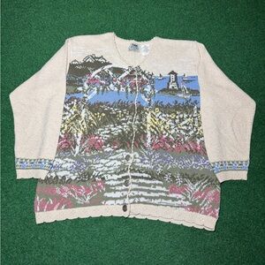 Northern Reflection Landscape Garden Spring Vintage 90s Sweater Large Cardigan